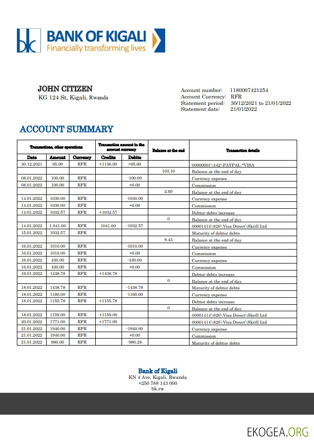 Relevé bancaire de la Banque Rwandaise de Kigali